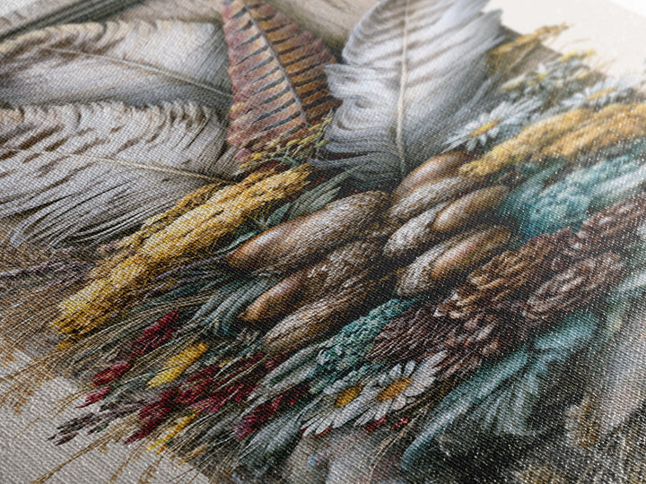 Pheasant Feathers and Acorns Arrangement Framed Canvas Print, Rustic Art, Modern Decor, Farmhouse Decor, Fine Art, Rustic, RUS-1x3-4