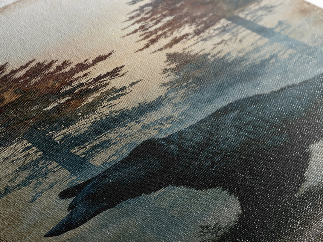 Bear Silhouette Among Pine Trees Canvas Print, Rustic Art, Oil Painting, Farmhouse Decor, Fine Art, Rustic, Modern Art, RUS-1x3-43