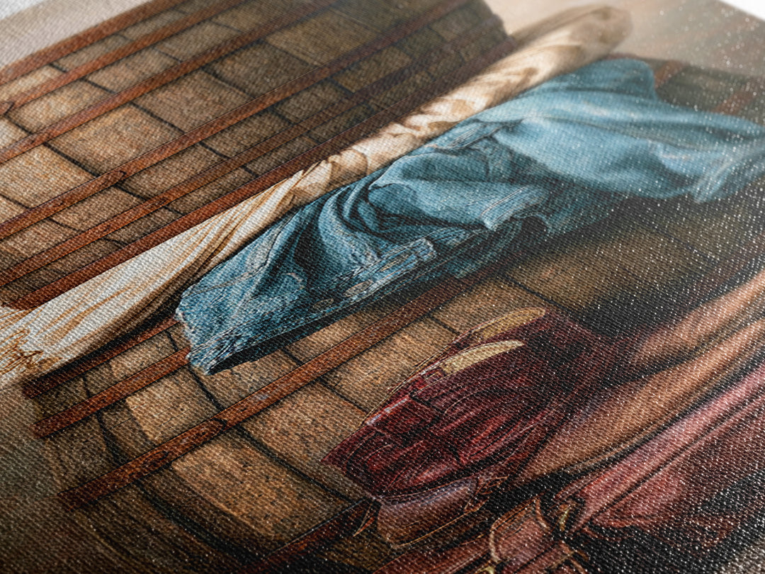Whiskey Barrel and Leather Still Life Canvas Print, Rustic Art, Printable Art, Farmhouse Decor, Oil Painting, Rustic, RUS-1x3-55
