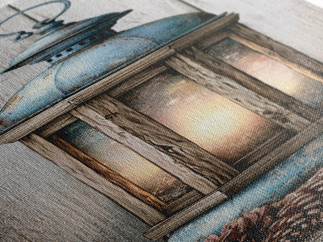 Rustic Lantern Glowing Beside Pinecones Framed Canvas Print, Rustic Art, Wood Wall Art, Farmhouse Decor, Fine Art, Rustic, RUS-1x3-64