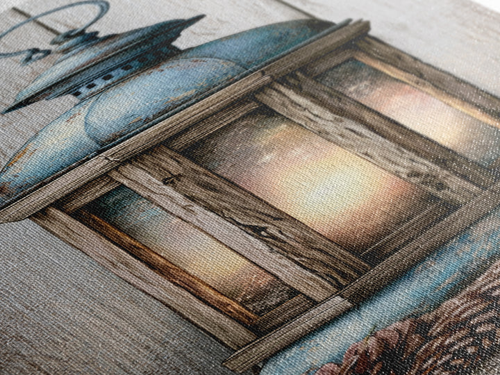 Rustic Lantern Glowing Beside Pinecones Framed Canvas Print, Rustic Art, Wood Wall Art, Farmhouse Decor, Fine Art, Rustic, RUS-1x3-64