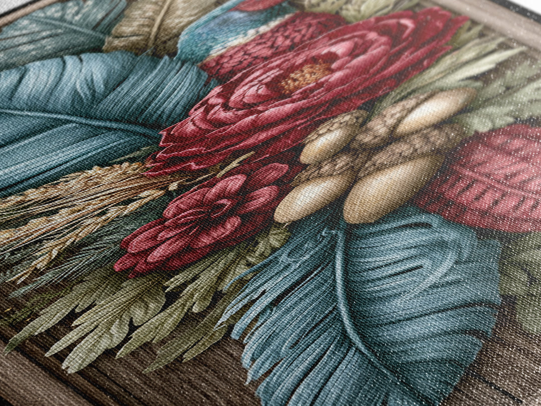 Pheasant Feathers and Acorns Arrangement Framed Canvas Print, Rustic Art, Farmhouse Decor, Oil Painting, Rustic, RUS-1x3-76