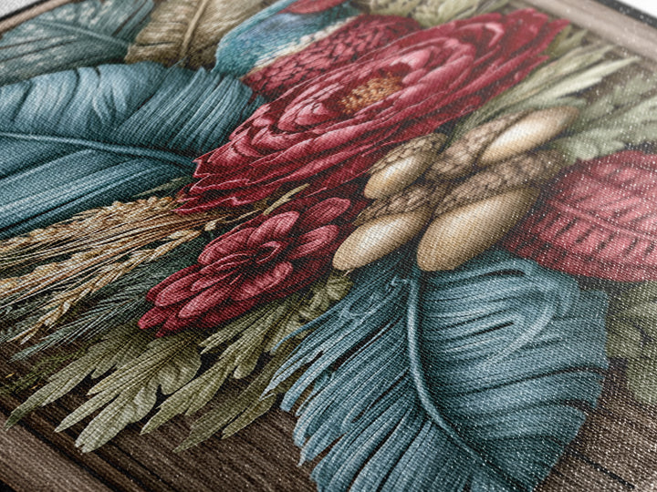 Pheasant Feathers and Acorns Arrangement Framed Canvas Print, Rustic Art, Farmhouse Decor, Oil Painting, Rustic, RUS-1x3-76