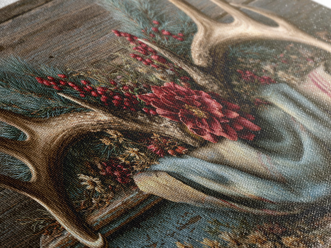 Deer Antlers with Pine Branches and Berries Canvas Print, Rustic Art, Statement Artwork, Farmhouse Decor, Fine Art, Rustic, RUS-2x1-22