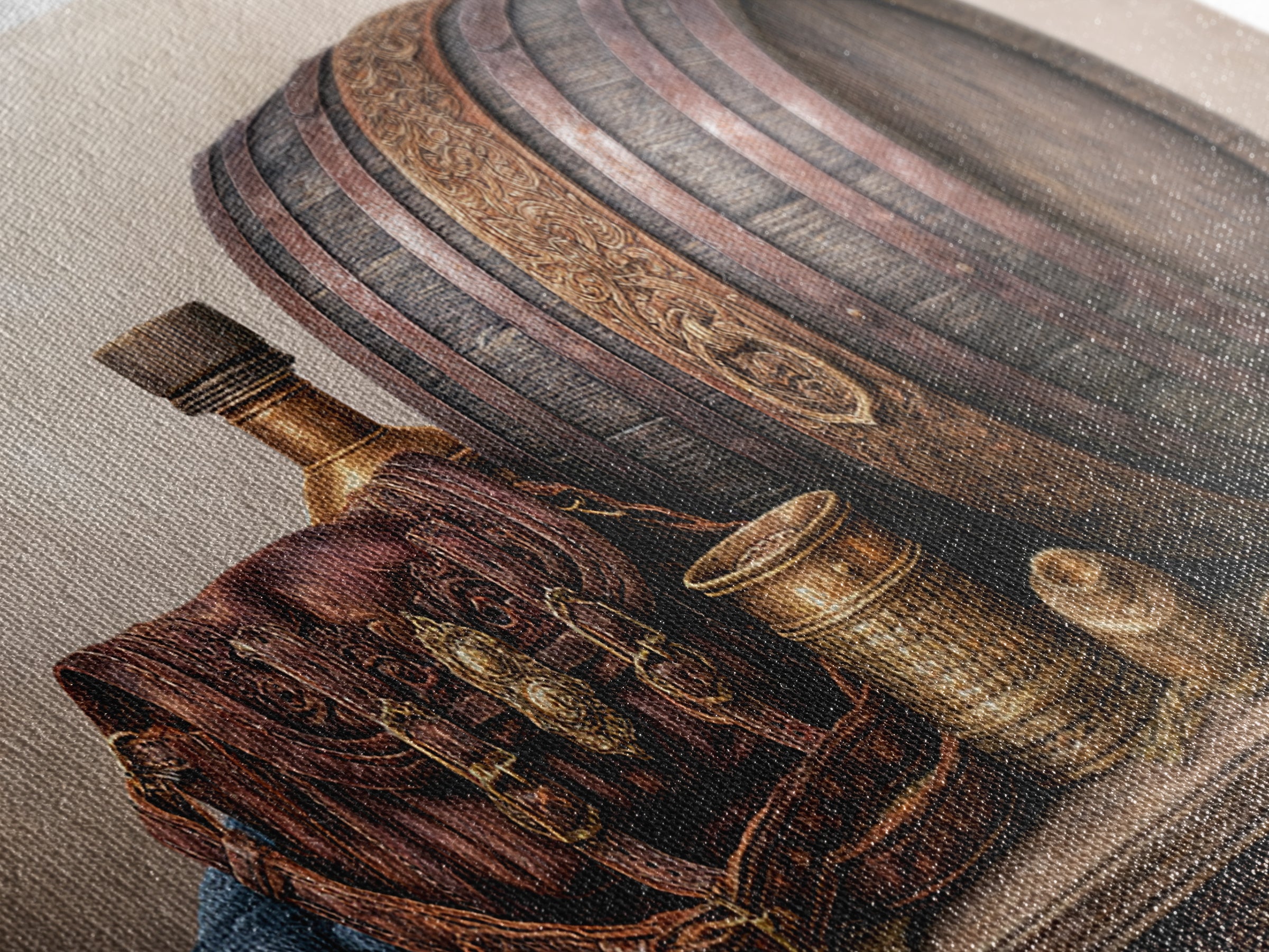 Whiskey Barrel and Leather Still Life Canvas Print, Rustic Art, Digital Prints, Farmhouse Decor, Oil Painting, Rustic, RUS-2x1-39