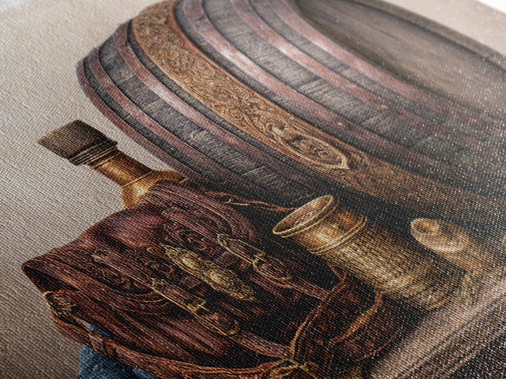 Whiskey Barrel and Leather Still Life Canvas Print, Rustic Art, Digital Prints, Farmhouse Decor, Oil Painting, Rustic, RUS-2x1-39