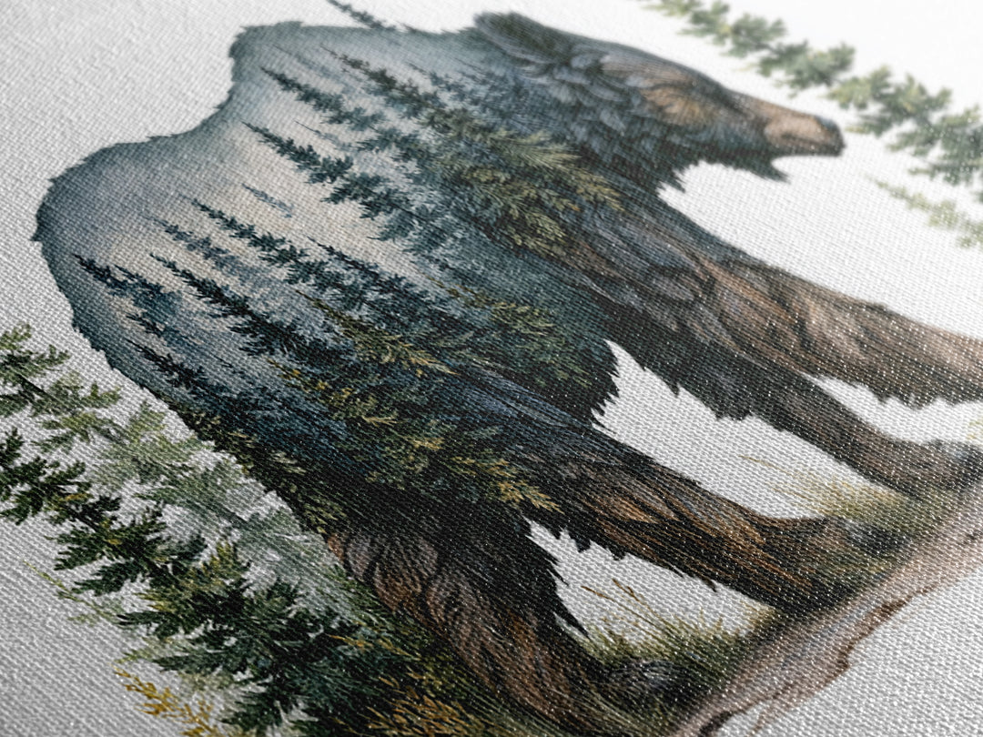 Bear Silhouette Among Pine Trees Framed Canvas Print, Rustic Art, Farmhouse Decor, Watercolor Art, Rustic, Gallery Wall Art, RUS-2x1-51