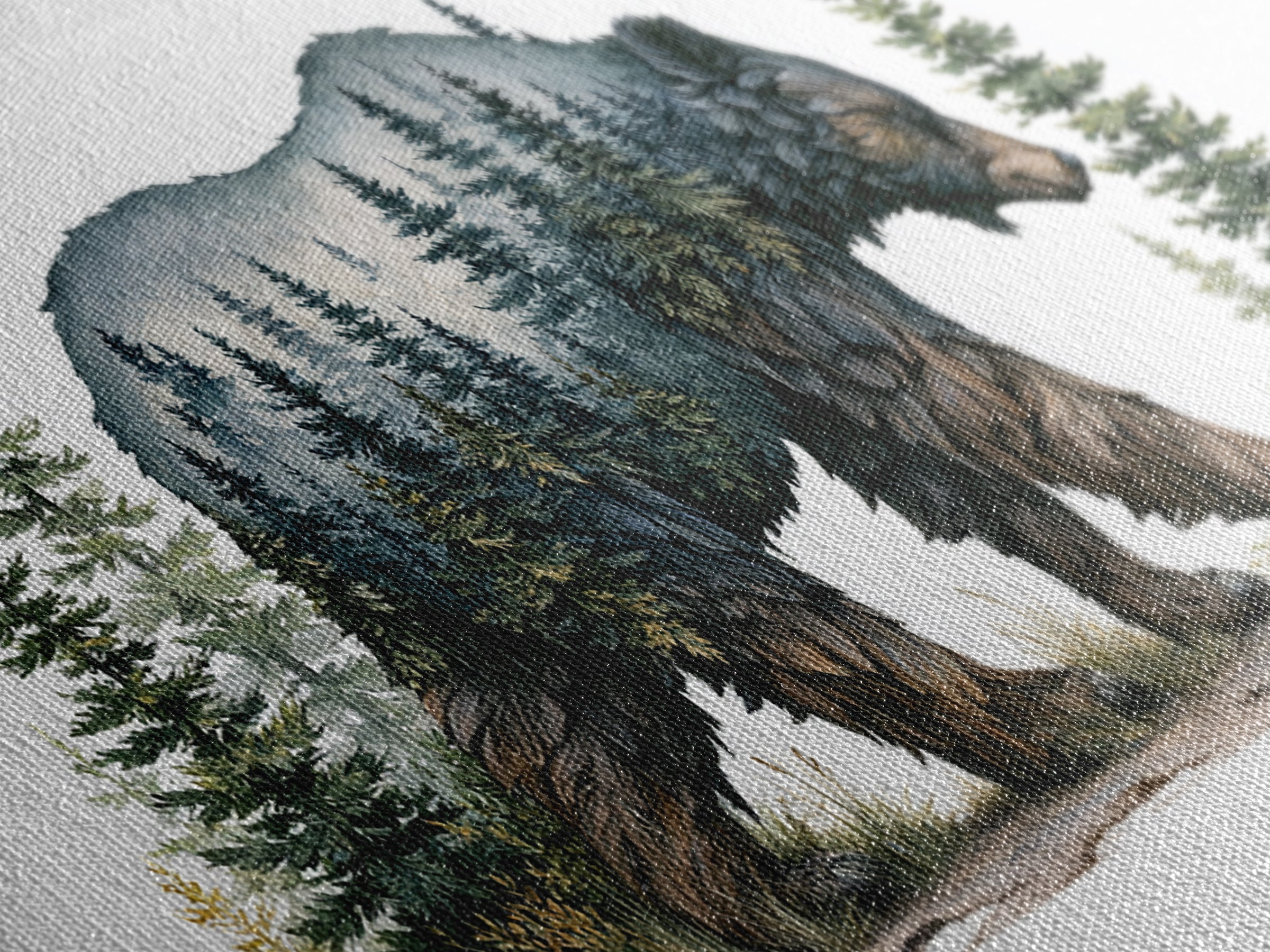 Bear Silhouette Among Pine Trees Framed Canvas Print, Rustic Art, Farmhouse Decor, Watercolor Art, Rustic, Gallery Wall Art, RUS-2x1-51