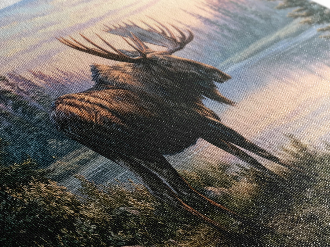Moose Standing by a Quiet Lake Canvas Print, Rustic Art, Oil Painting, Farmhouse Decor, Fine Art, Rustic, Modern Art, RUS-2x1-53