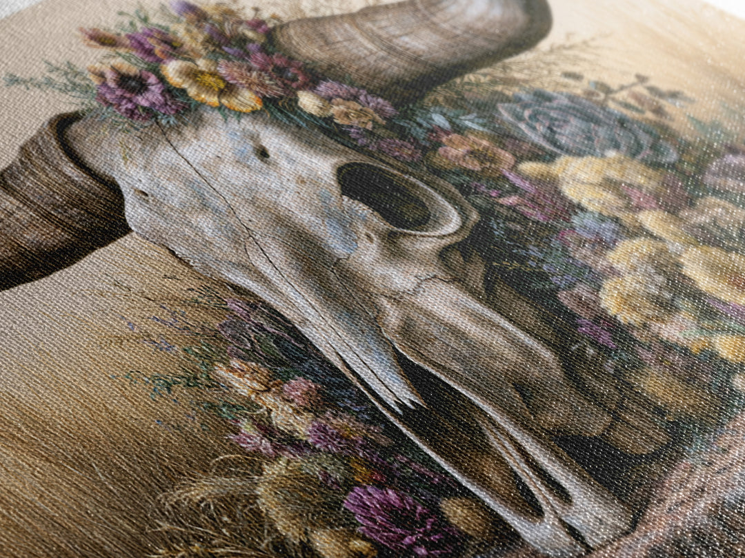 Cow Skull with Desert Flowers Canvas Print, Rustic Art, Digital Prints, Farmhouse Decor, Fine Art, Rustic, 3d Wall Art, RUS-2x1-61