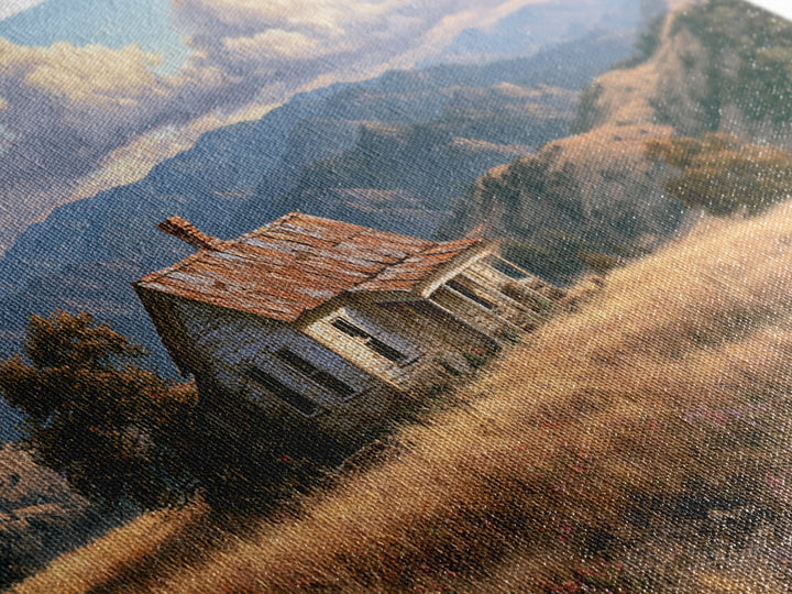 Mountain Cabin Landscape Canvas Print, Rustic Art, Farmhouse Wall Art, Farmhouse Decor, Fine Art, Rustic, Statement Artwork, RUS-2x1-71