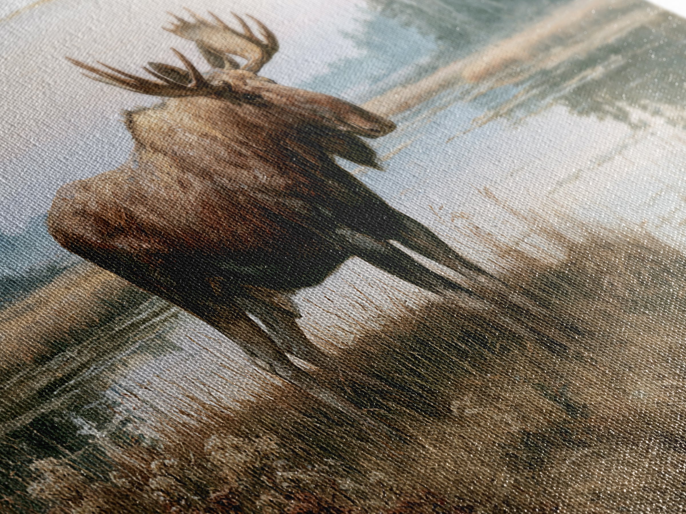 Moose Standing by a Quiet Lake Canvas Print, Rustic Art, Oil Painting, Farmhouse Decor, Fine Art, Rustic, Modern Art, RUS-2x1-77