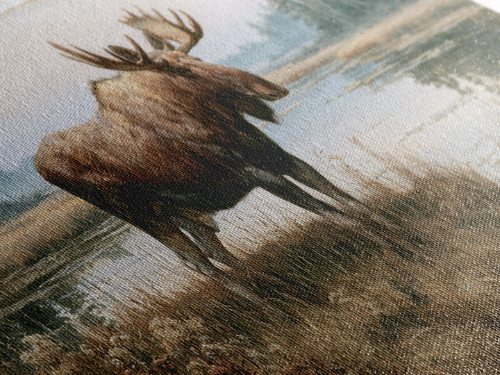 Moose Standing by a Quiet Lake Canvas Print, Rustic Art, Oil Painting, Farmhouse Decor, Fine Art, Rustic, Modern Art, RUS-2x1-77