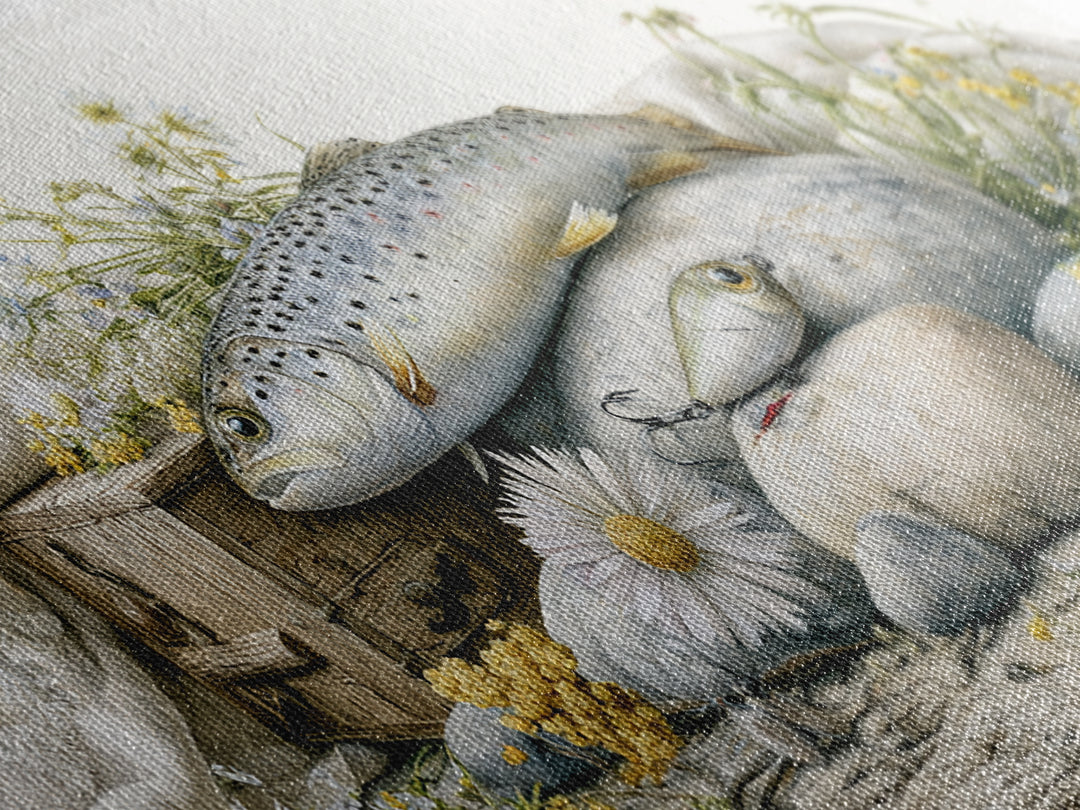 Trout Fishing Lure and River Stones Canvas Print, Rustic Art, Wall Art, Farmhouse Decor, Fine Art, Rustic, Living Room Decor, RUS-2x1-82