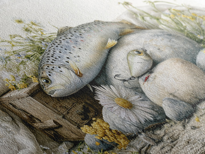 Trout Fishing Lure and River Stones Canvas Print, Rustic Art, Wall Art, Farmhouse Decor, Fine Art, Rustic, Living Room Decor, RUS-2x1-82