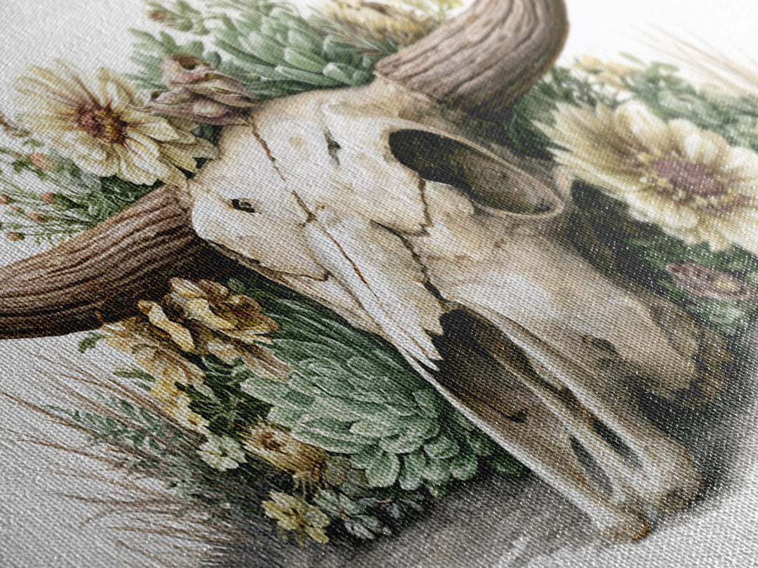 Cow Skull with Desert Flowers Framed Canvas Print, Rustic Art, Wood Wall Art, Farmhouse Decor, Rustic, Eclectic Wall Art, RUS-2x1-85