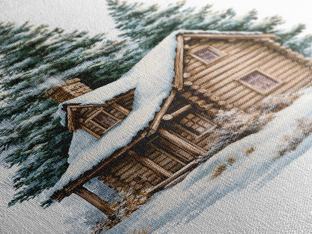 Log Cabin with Snowy Pines Canvas Print, Rustic Art, Luxury Decor, Farmhouse Decor, Fine Art, Rustic, Printable Wall Art, RUS-2x3-23