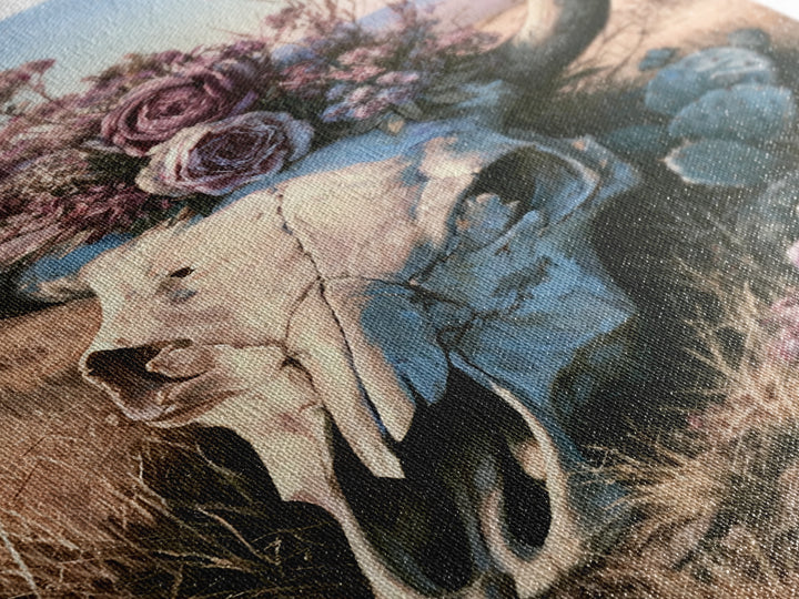 Cow Skull with Desert Flowers Framed Canvas Print, Rustic Art, Wall Art, Farmhouse Decor, Oil Painting, Rustic, RUS-2x3-25