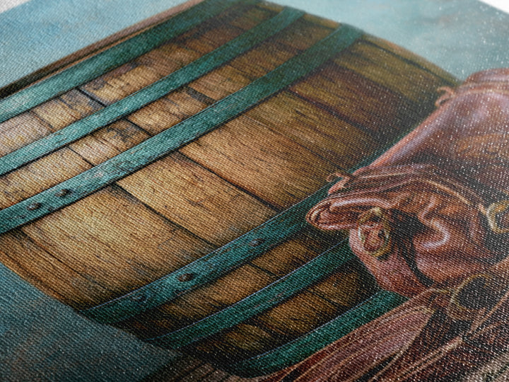 Whiskey Barrel and Leather Still Life Framed Canvas Print, Rustic Art, Downloadable Art, Farmhouse Decor, Fine Art, Rustic, RUS-2x3-3