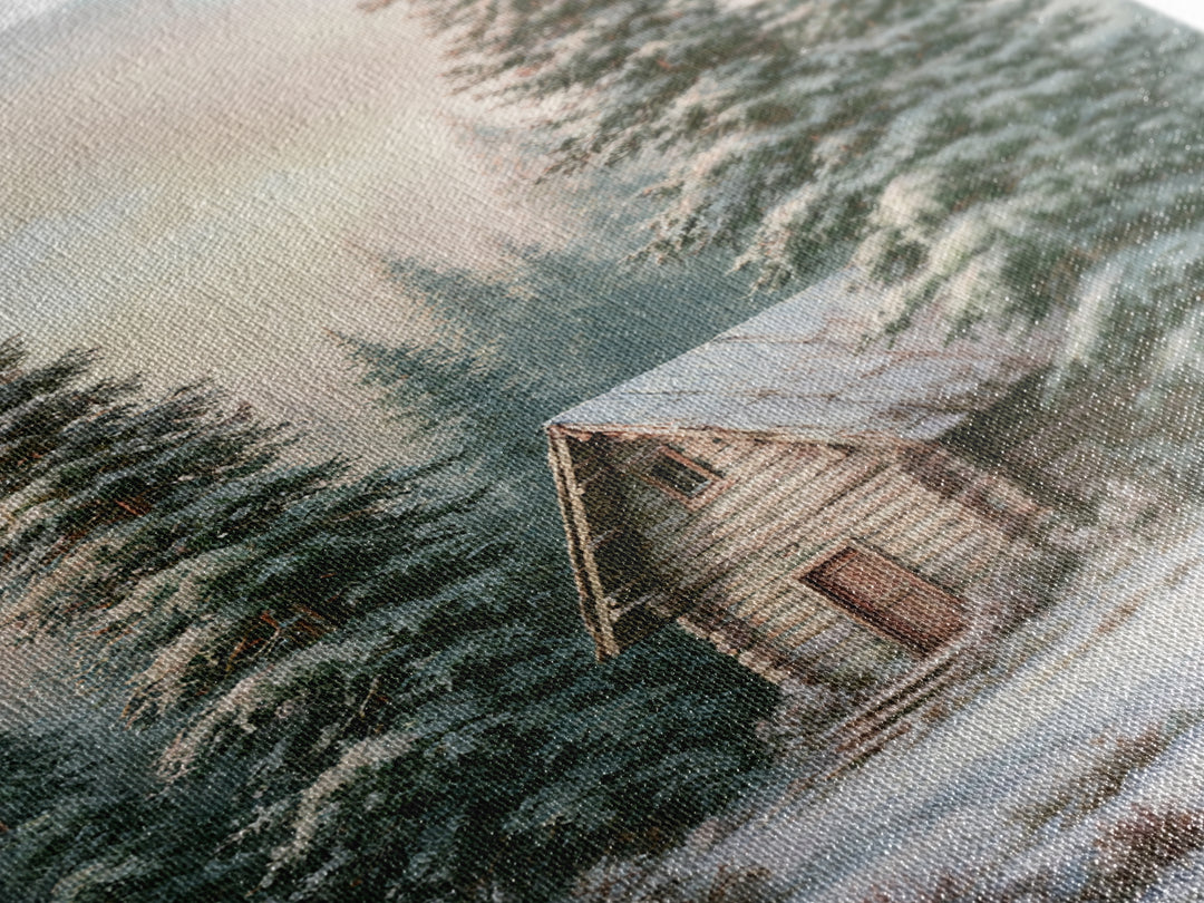 Log Cabin with Snowy Pines Framed Canvas Print, Rustic Art, Wall Art, Farmhouse Decor, Abstract Art, Rustic, Living Room Decor, RUS-2x3-47
