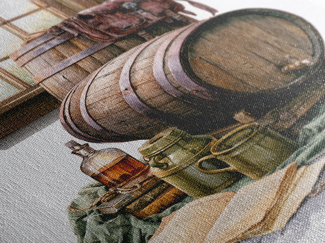 Whiskey Barrel and Leather Still Life Framed Canvas Print, Rustic Art, Room Decor, Farmhouse Decor, Oil Painting, Rustic, RUS-2x3-51