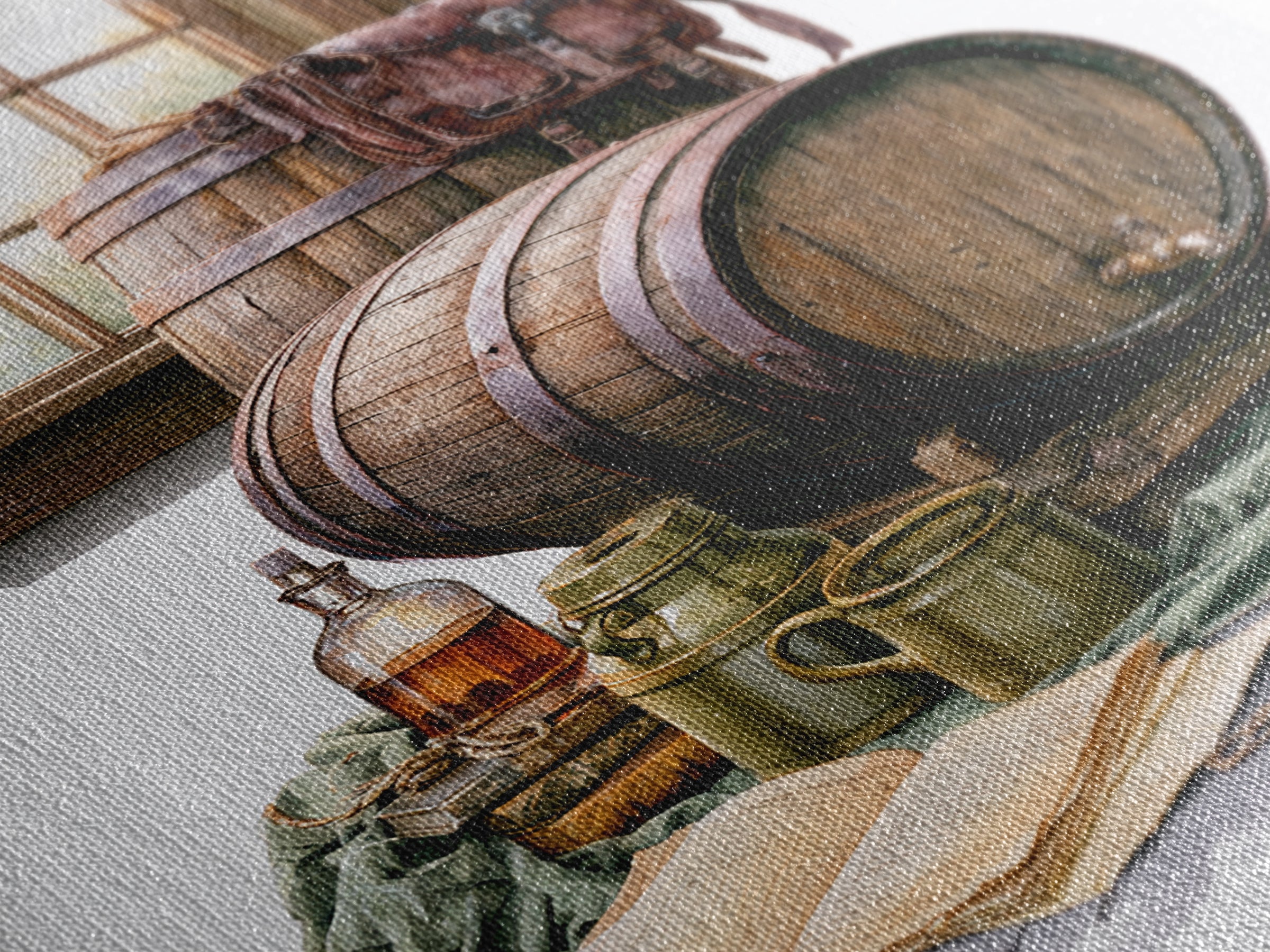 Whiskey Barrel and Leather Still Life Framed Canvas Print, Rustic Art, Room Decor, Farmhouse Decor, Oil Painting, Rustic, RUS-2x3-51
