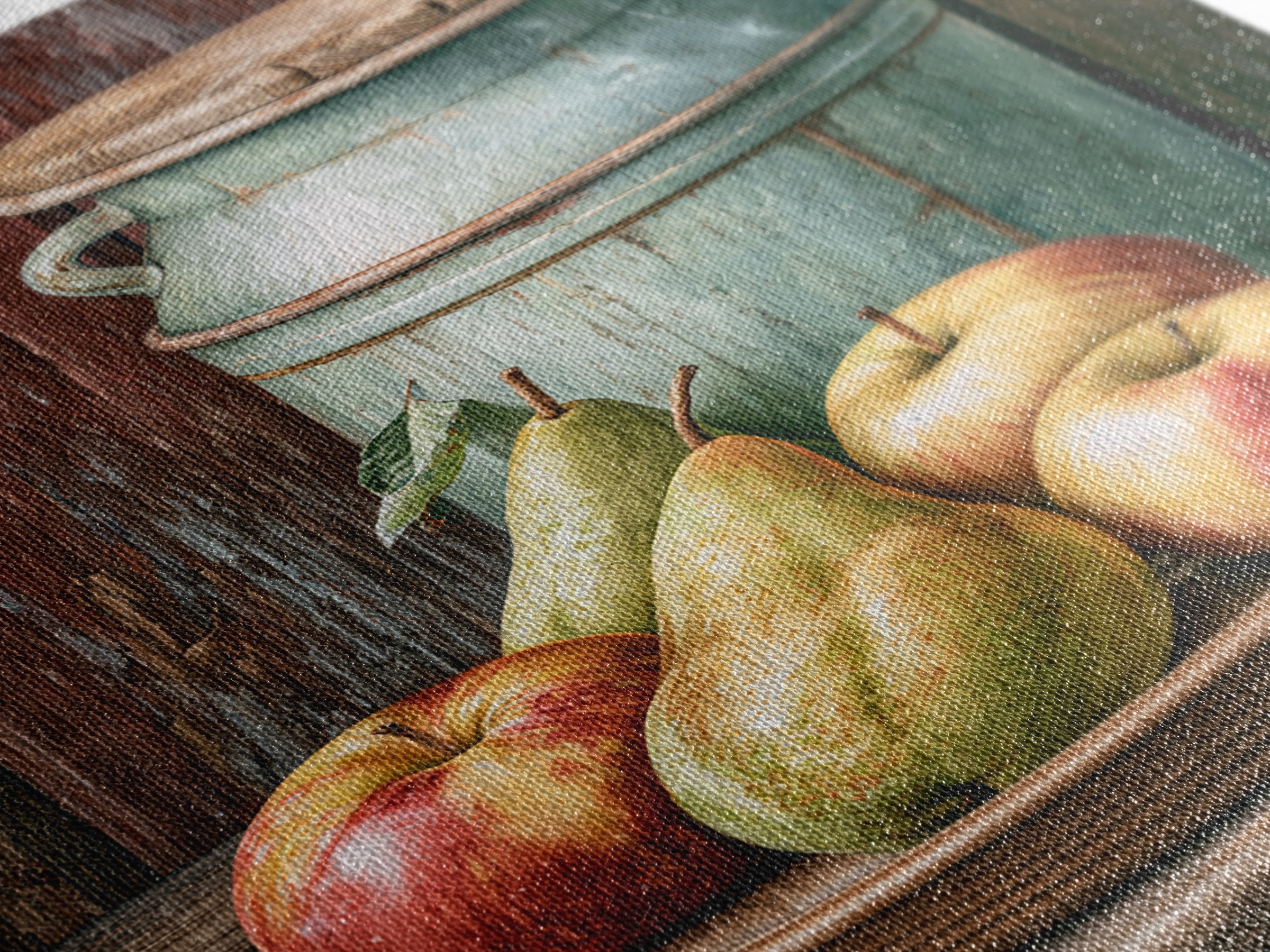 Rustic Pear and Apple Still Life Framed Canvas Print, Rustic Art, Printable Wall Art, Farmhouse Decor, Oil Painting, Rustic, RUS-2x3-53