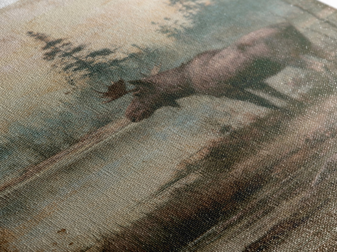 Moose Standing by a Quiet Lake Canvas Print, Rustic Art, Wood Wall Art, Farmhouse Decor, Oil Painting, Rustic, RUS-2x3-65
