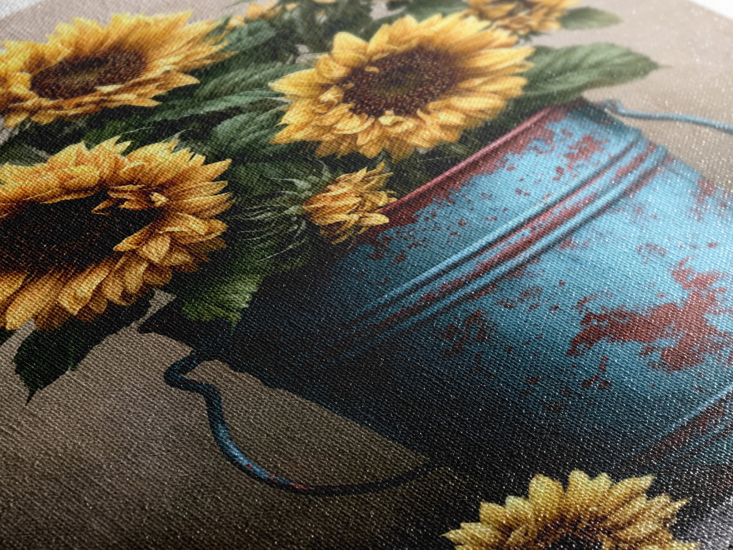 Sunflowers in a Metal Bucket Framed Canvas Print, Rustic Art, Oil Painting, Farmhouse Decor, Rustic, Modern Art, RUS-2x3-68