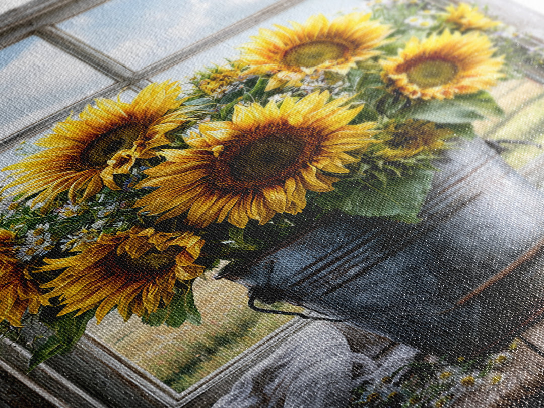 Sunflowers in a Metal Bucket Framed Canvas Print, Rustic Art, Gallery Decor, Farmhouse Decor, Fine Art, Rustic, RUS-2x3-92
