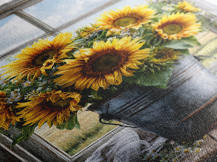 Sunflowers in a Metal Bucket Framed Canvas Print, Rustic Art, Gallery Decor, Farmhouse Decor, Fine Art, Rustic, RUS-2x3-92