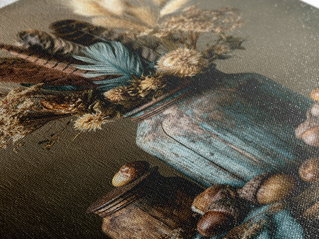 Pheasant Feathers and Acorns Arrangement Canvas Print, Rustic Art, Digital Print, Farmhouse Decor, Rustic, Landscape Painting, RUS-2x3-96