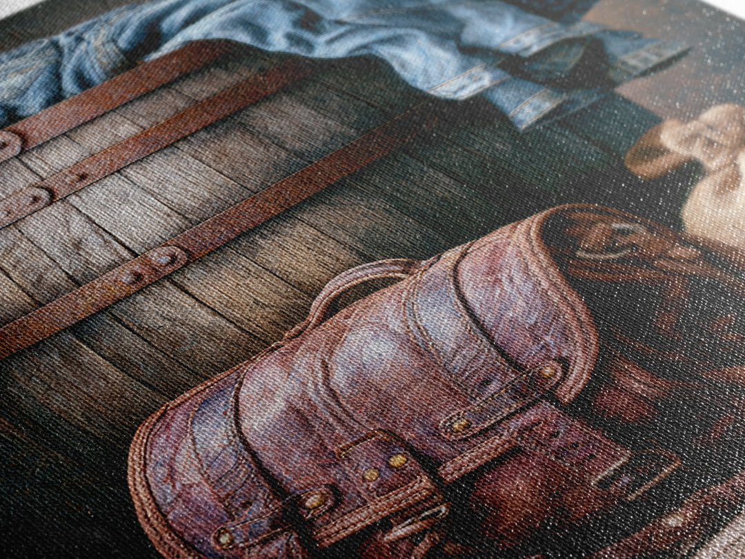 Whiskey Barrel and Leather Still Life Canvas Print, Rustic Art, Farmhouse Decor, Rustic, Gallery Wall Art, Landscape Wall Art, RUS-2x3-99