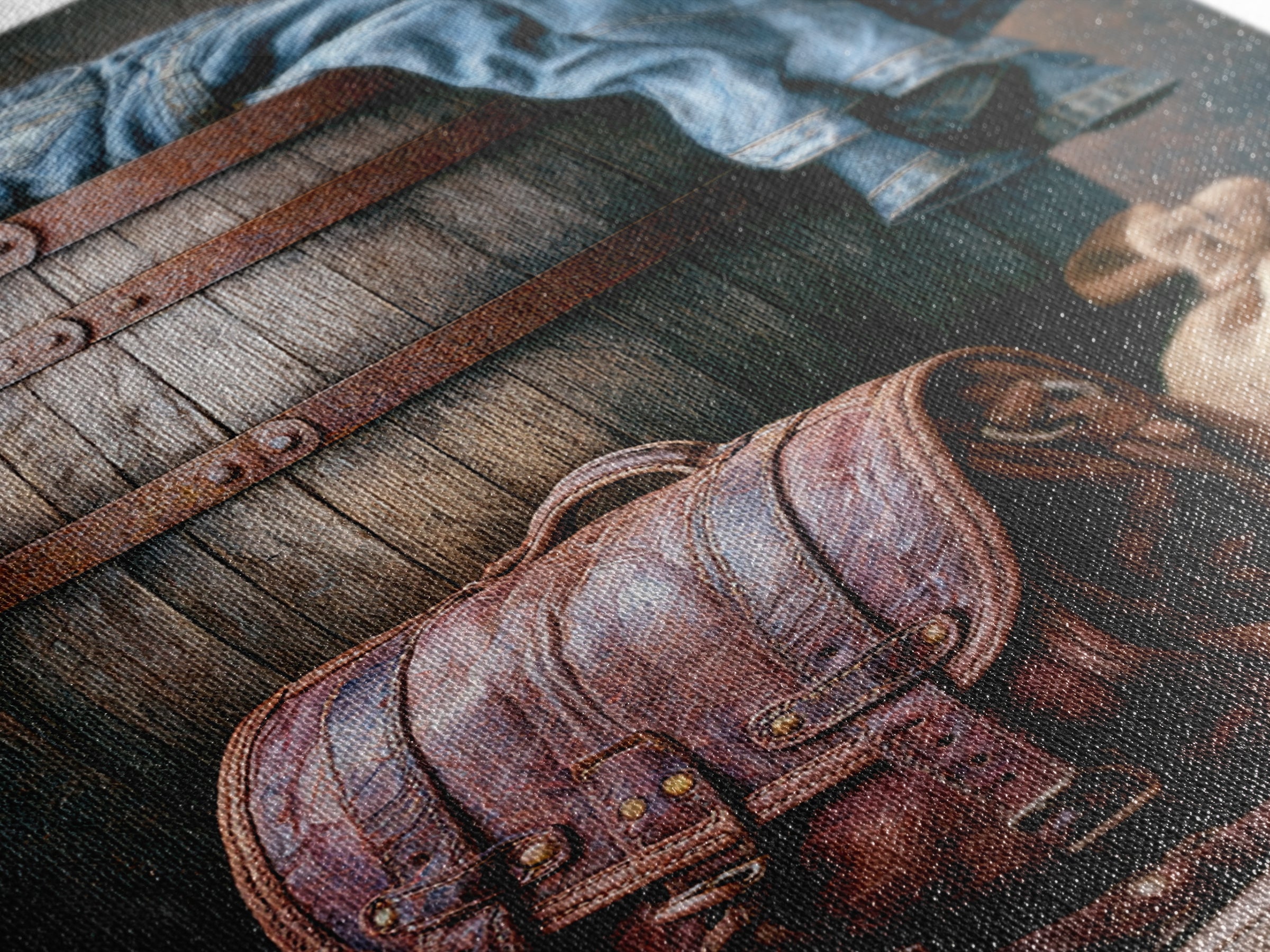 Whiskey Barrel and Leather Still Life Canvas Print, Rustic Art, Farmhouse Decor, Rustic, Gallery Wall Art, Landscape Wall Art, RUS-2x3-99