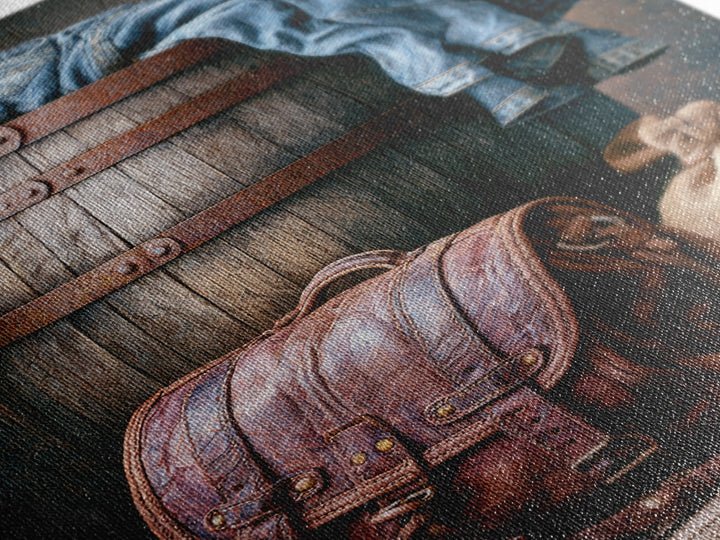 Whiskey Barrel and Leather Still Life Canvas Print, Rustic Art, Farmhouse Decor, Rustic, Gallery Wall Art, Landscape Wall Art, RUS-2x3-99