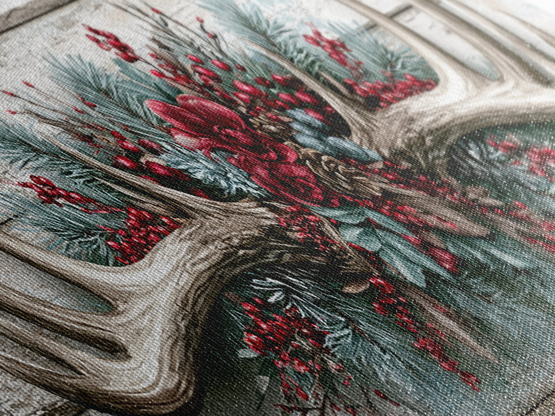 Deer Antlers with Pine Branches and Berries Canvas Print, Rustic Art, Abstract Wall Art, Farmhouse Decor, Watercolor Art, RUS-3x1-42