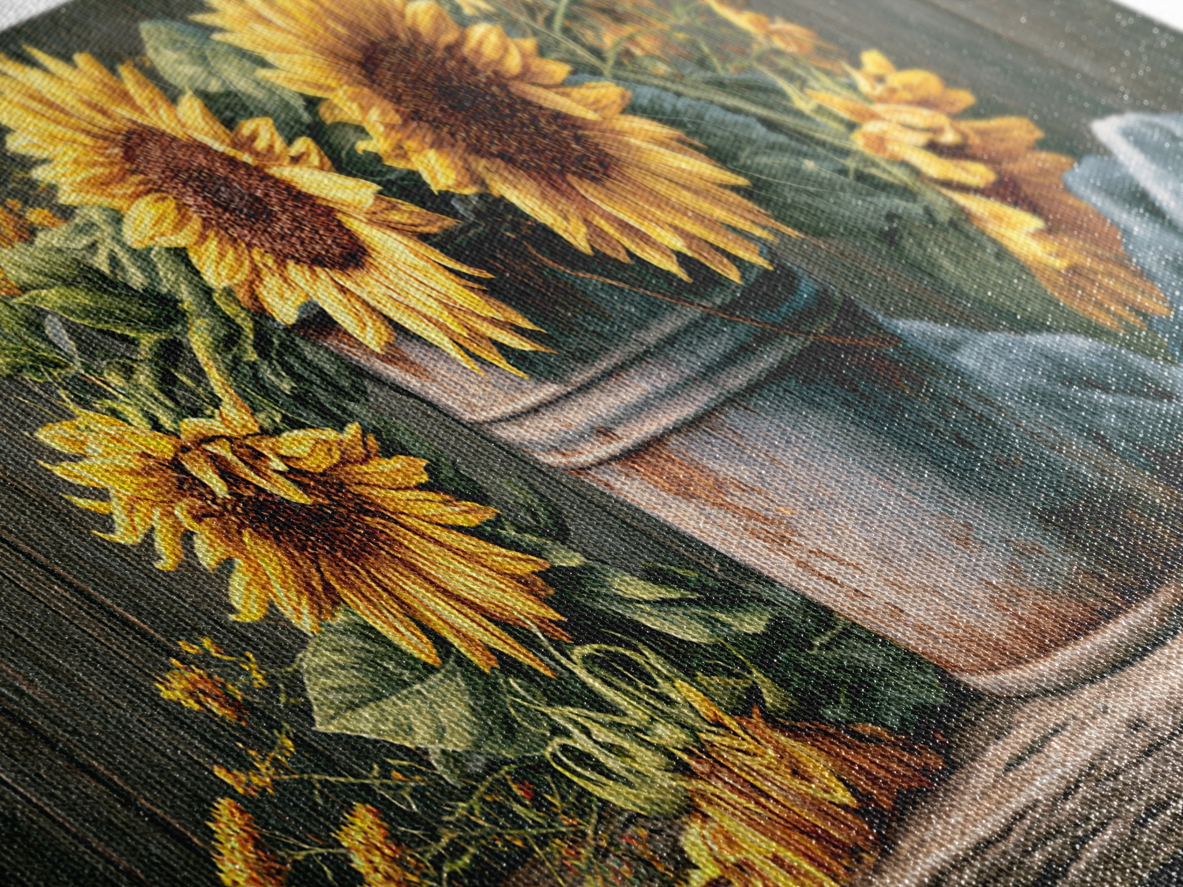 Sunflowers in a Metal Bucket Framed Canvas Print, Rustic Art, Room Decor, Farmhouse Decor, Fine Art, Rustic, Oil Painting, RUS-3x1-52
