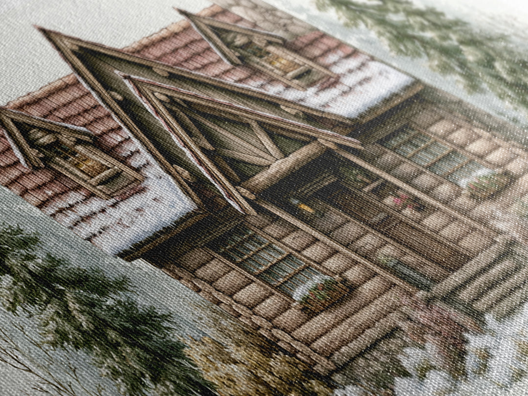 Log Cabin with Snowy Pines Framed Canvas Print, Rustic Art, Printable Art, Farmhouse Decor, Oil Painting, Rustic, RUS-3x1-79