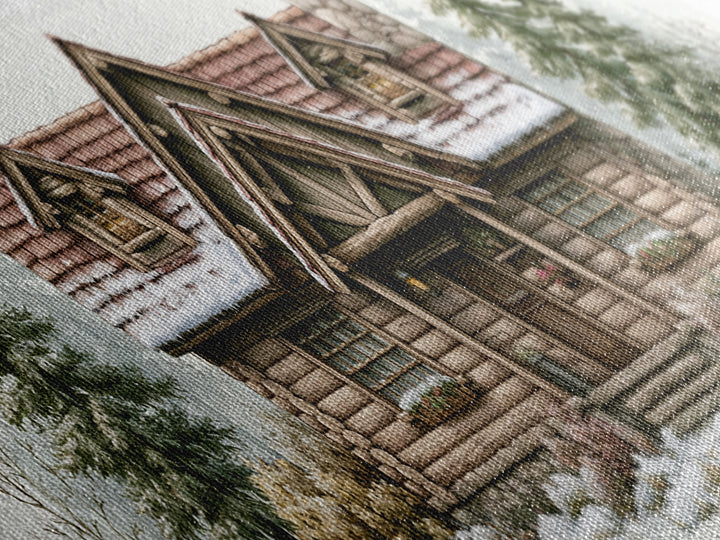 Log Cabin with Snowy Pines Framed Canvas Print, Rustic Art, Printable Art, Farmhouse Decor, Oil Painting, Rustic, RUS-3x1-79