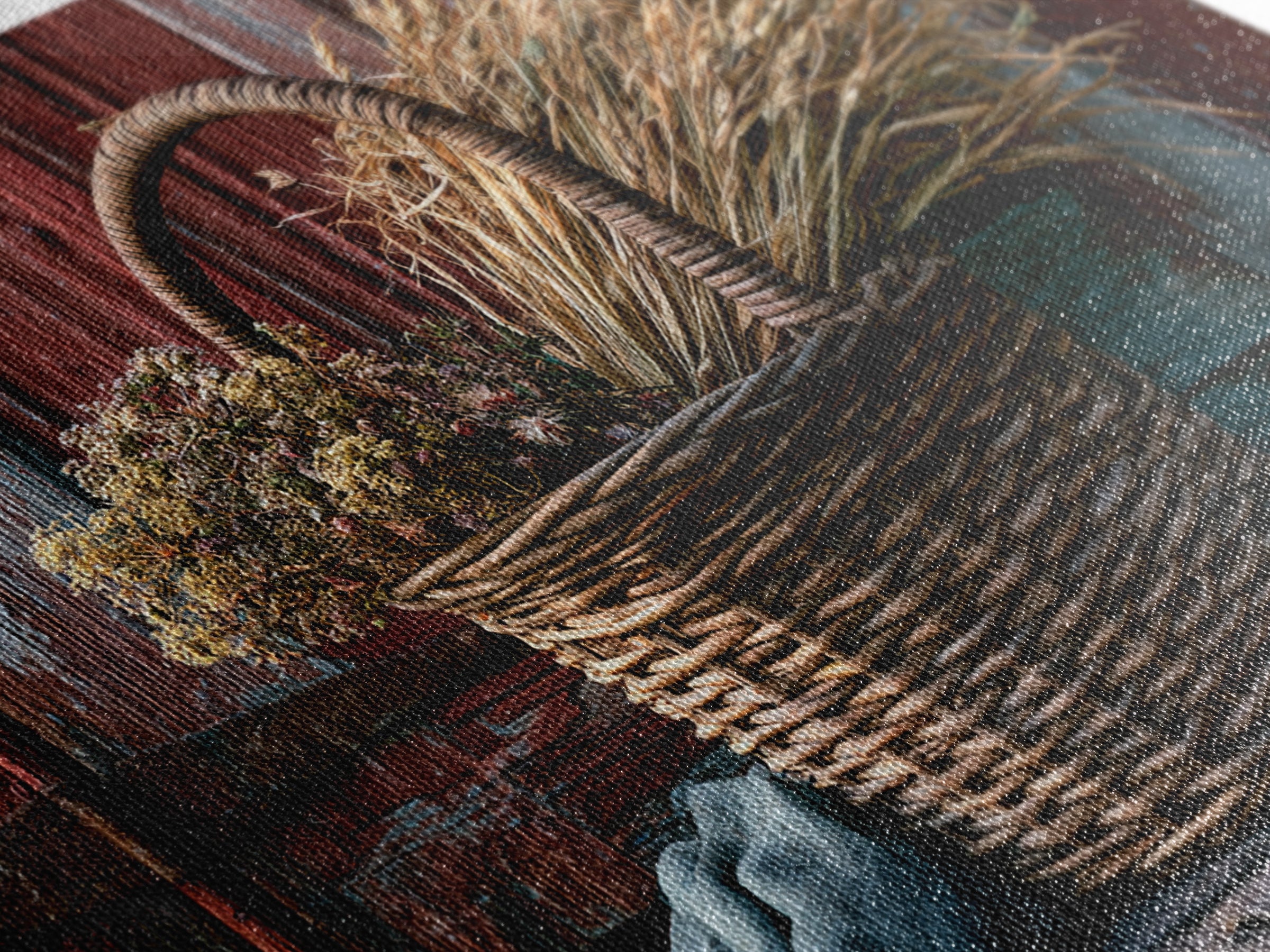 Handwoven Basket with Dried Grasses Framed Canvas Print, Rustic Art, Modern Decor, Farmhouse Decor, Oil Painting, Rustic, RUS-3x2-100