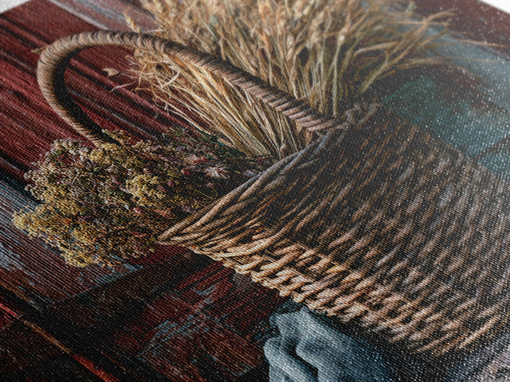 Handwoven Basket with Dried Grasses Framed Canvas Print, Rustic Art, Modern Decor, Farmhouse Decor, Oil Painting, Rustic, RUS-3x2-100