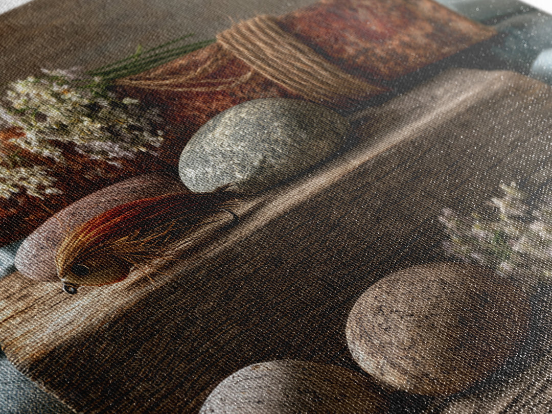 Trout Fishing Lure and River Stones Framed Canvas Print, Rustic Art, Oil Painting, Farmhouse Decor, Fine Art, Rustic, RUS-3x2-18