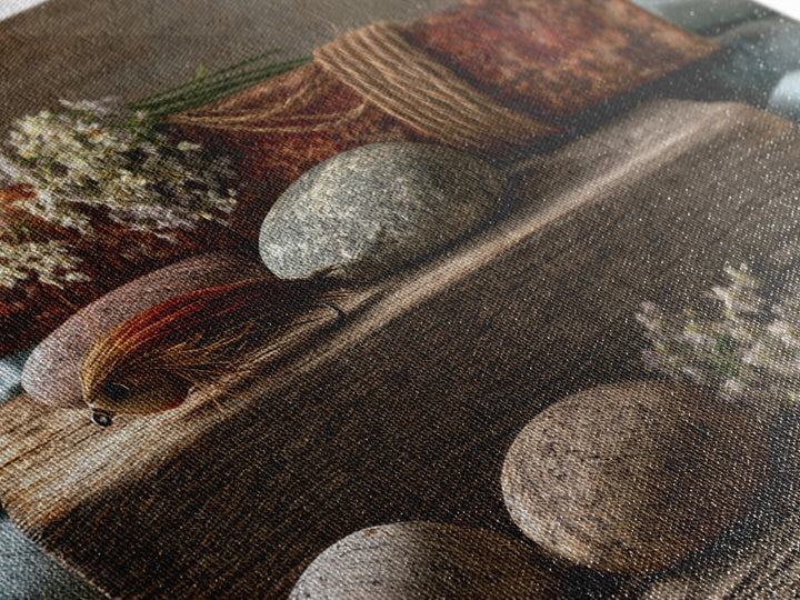 Trout Fishing Lure and River Stones Framed Canvas Print, Rustic Art, Oil Painting, Farmhouse Decor, Fine Art, Rustic, RUS-3x2-18