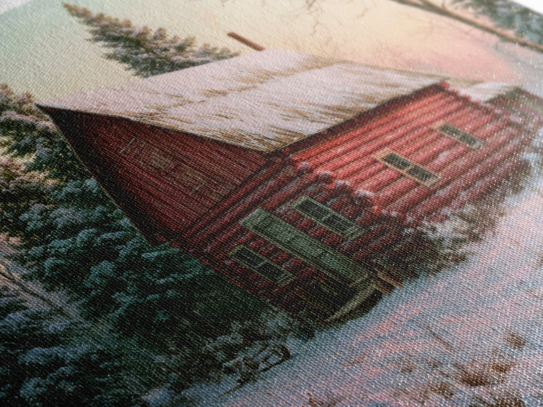 Log Cabin with Snowy Pines Framed Canvas Print, Rustic Art, Farmhouse Wall Art, Farmhouse Decor, Rustic, Statement Artwork, RUS-3x2-19