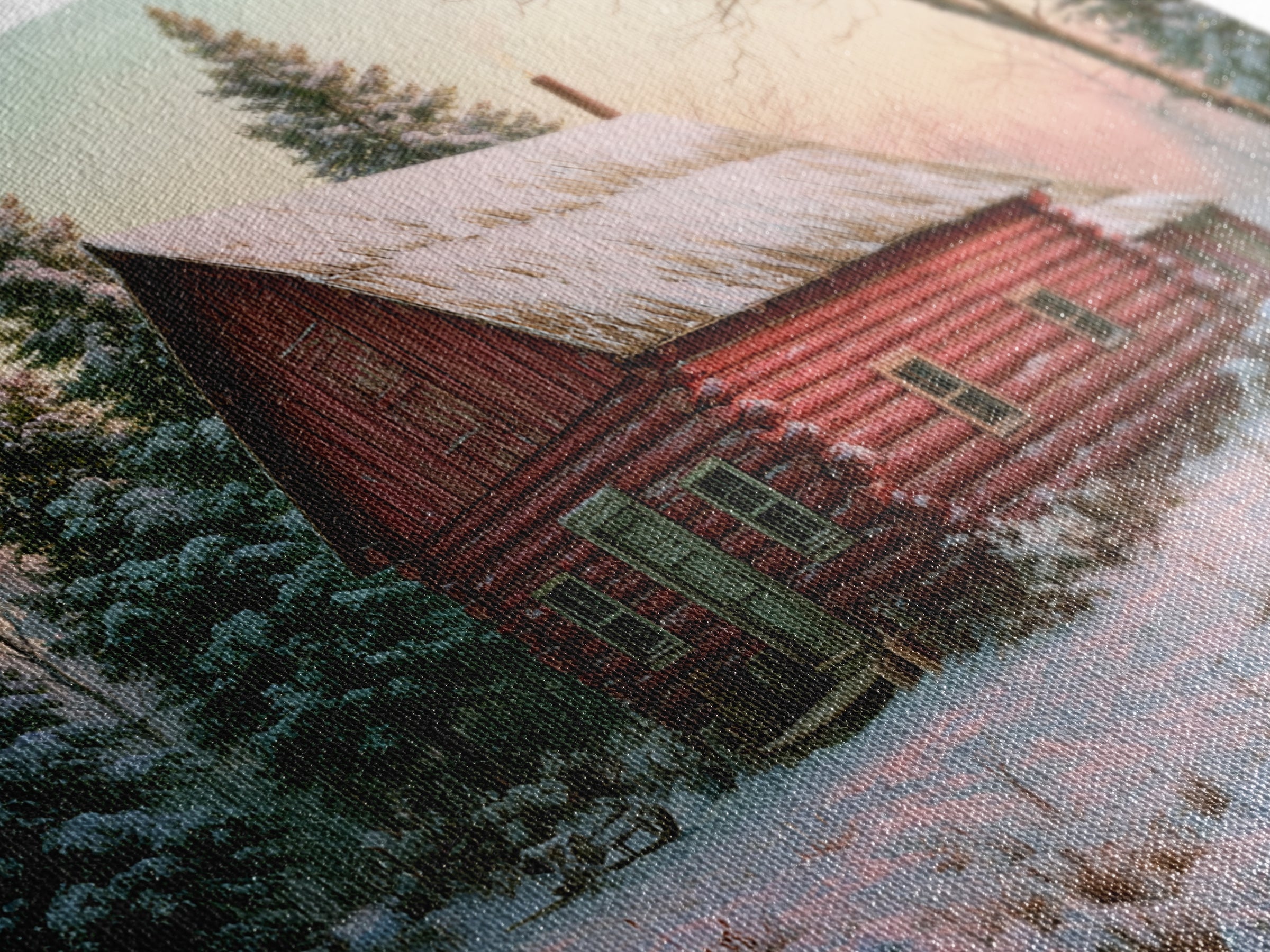 Log Cabin with Snowy Pines Framed Canvas Print, Rustic Art, Farmhouse Wall Art, Farmhouse Decor, Rustic, Statement Artwork, RUS-3x2-19