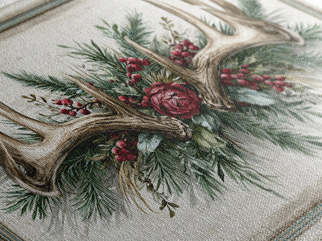 Deer Antlers with Pine Branches and Berries Canvas Print, Rustic Art, 3d Wall Art, Farmhouse Decor, Oil Painting, Rustic, RUS-3x2-30