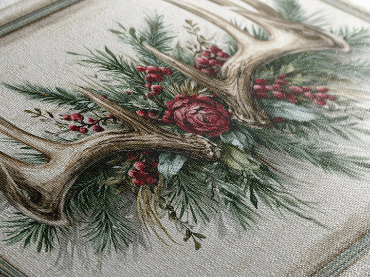 Deer Antlers with Pine Branches and Berries Canvas Print, Rustic Art, 3d Wall Art, Farmhouse Decor, Oil Painting, Rustic, RUS-3x2-30