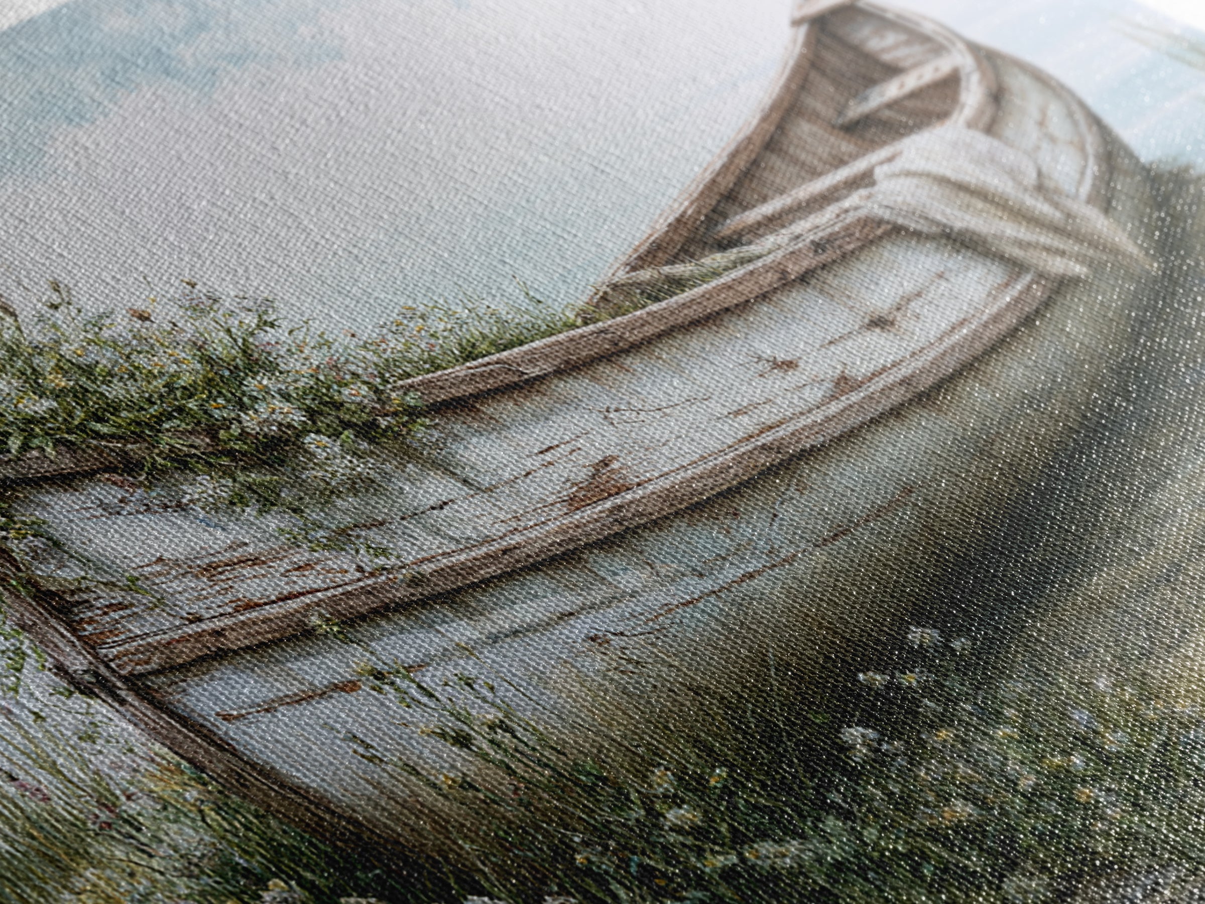 Old Canoe Pulled Onto a Lake Shore Canvas Print, Rustic Art, Landscape Painting, Farmhouse Decor, Rustic, Modern Decor, RUS-3x2-48