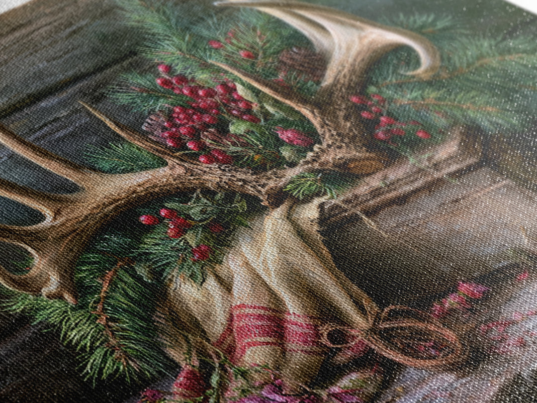 Deer Antlers with Pine Branches and Berries Canvas Print, Rustic Art, 3d Wall Art, Farmhouse Decor, Oil Painting, Rustic, RUS-3x2-54