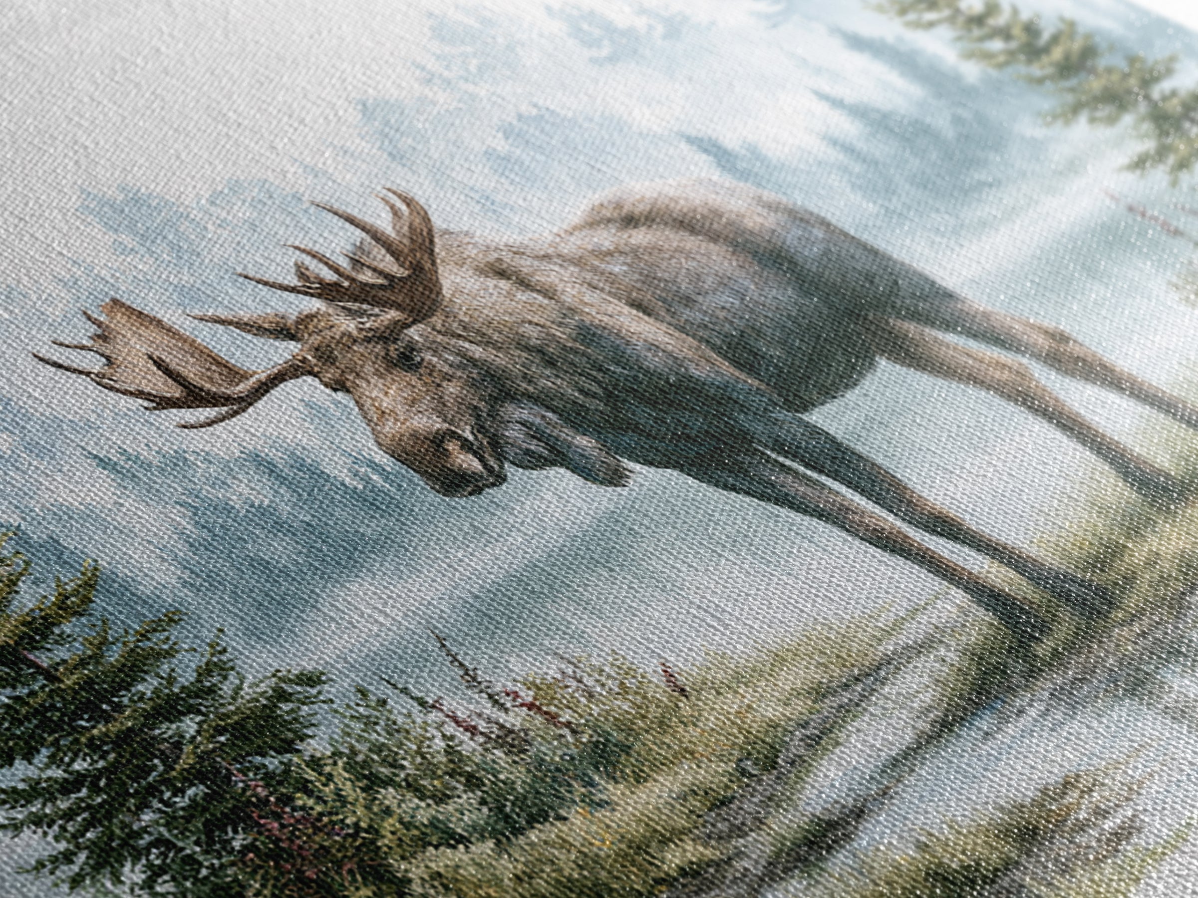 Moose Standing by a Quiet Lake Canvas Print, Rustic Art, Landscape Painting, Farmhouse Decor, Fine Art, Rustic, Modern Decor, RUS-3x2-61